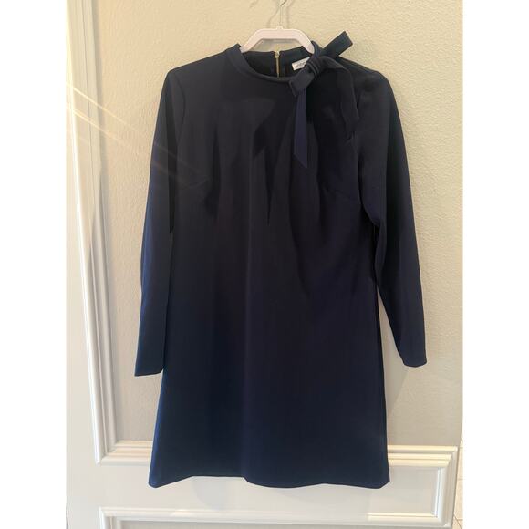 038 Calvin Klein High Neck Long Sleeve Navy Shift Dress Bow Neck Sz 12 - Picture 1 of 7